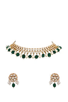 Matte Gold Plated Green Beaded & Jadtar Stone Choker Necklace Set