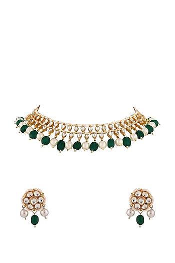 Matte Gold Plated Green Beaded & Jadtar Stone Choker Necklace Set