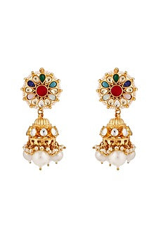 Matte Gold Plated Navratna Stone Jhumka Earrings