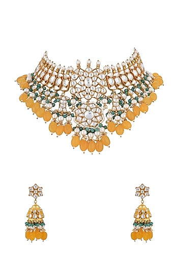 Matt Gold Plated Jadtar Stone & Pearl Necklace Set
