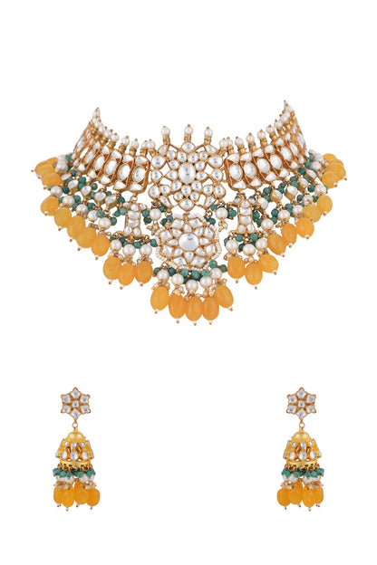 Matt Gold Plated Jadtar Stone & Pearl Necklace Set