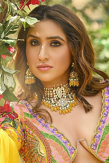 Matt Gold Plated Jadtar Stone & Pearl Necklace Set