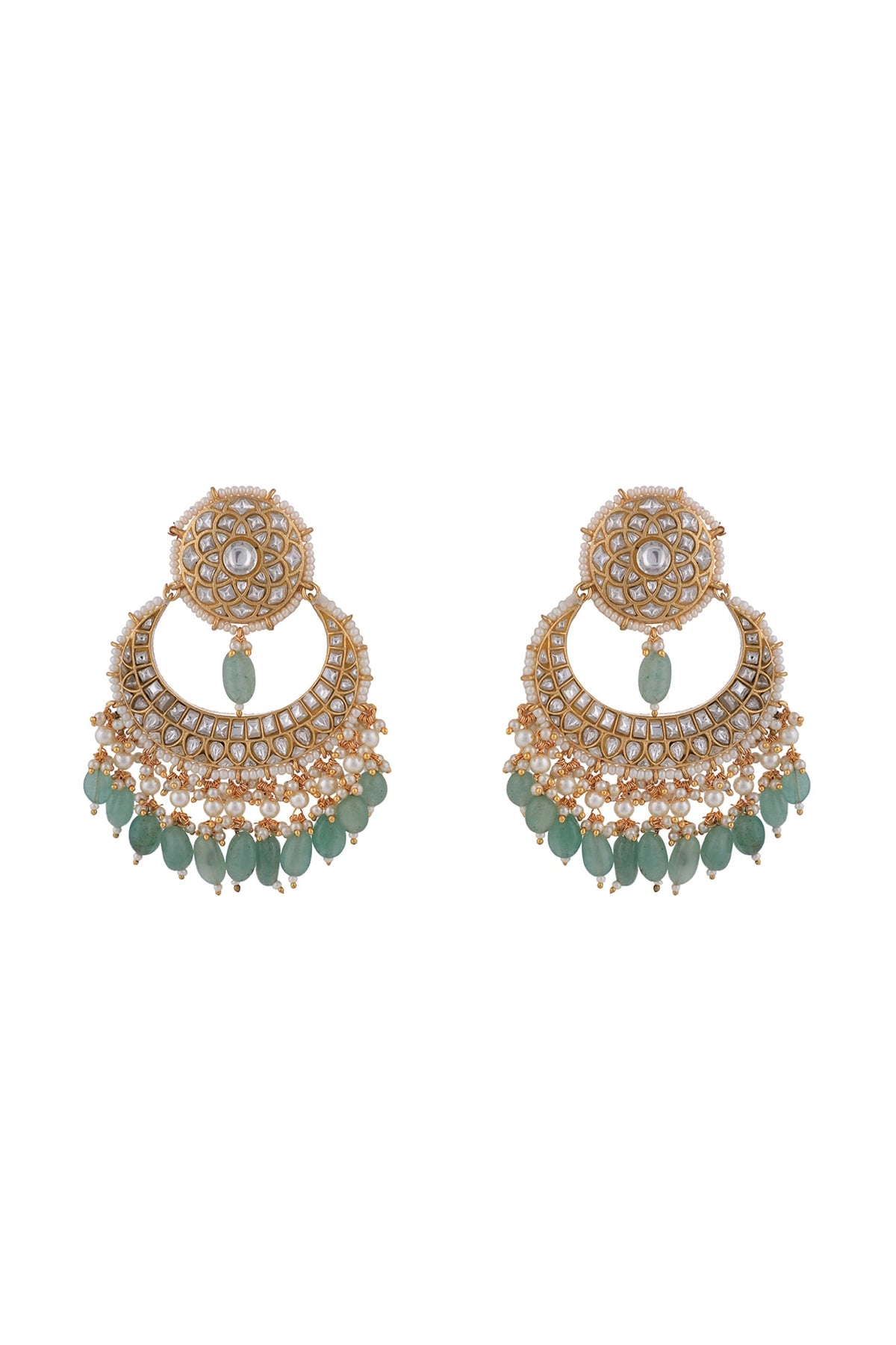 Matt Gold Plated Jadtar Stone & Sea Green Beaded Chandbali Earrings