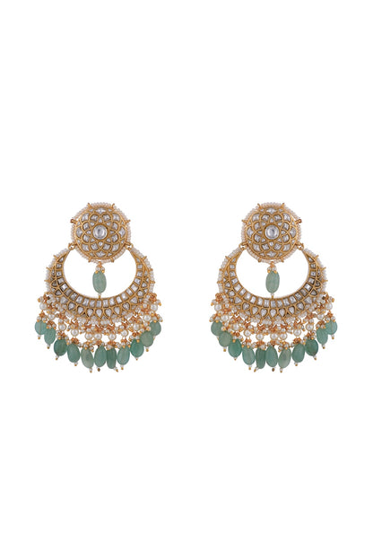 Matt Gold Plated Jadtar Stone & Sea Green Beaded Chandbali Earrings