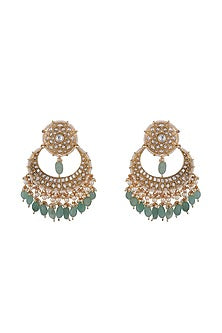 Matt Gold Plated Jadtar Stone & Sea Green Beaded Chandbali Earrings