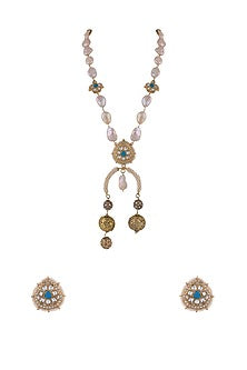 Matt Gold Plated Jadtar Stone & Baroque Pearl Long Necklace Set