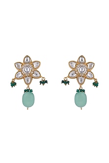Matt Gold Plated Jadtar Stone & Sea Green Drop Chandbaali Earrings