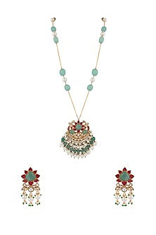 Matt Gold Plated Jadtar Stone & Beaded Long Necklace Set