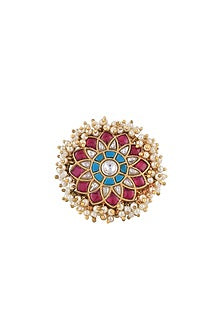 Matt Gold Plated Jadtar Stone & Rice Pearl Ring
