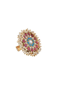 Matt Gold Plated Jadtar Stone & Rice Pearl Ring