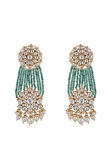 Matt Gold Plated Jadtar Stone & Sea Green Beaded Dangler Earrings