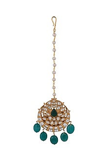 Matt Gold Plated Jadtar Stone & Green Beaded Maangtikka