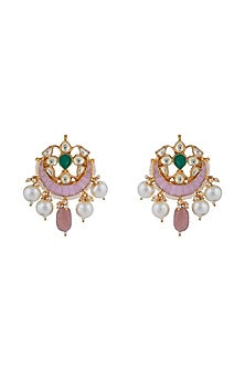 Matt Gold Plated Jadtar Stone & Pearl Stud Earrings