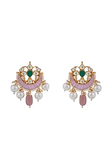 Matt Gold Plated Jadtar Stone & Pearl Stud Earrings