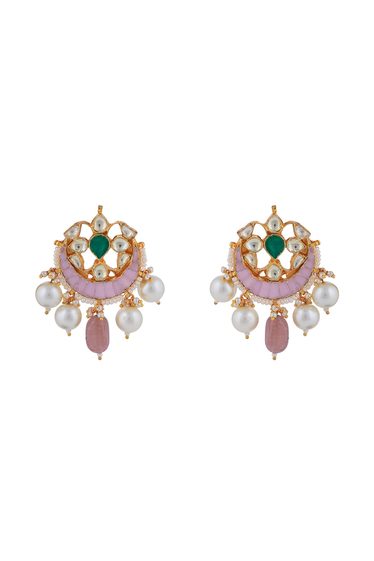 Matt Gold Plated Jadtar Stone & Pearl Stud Earrings