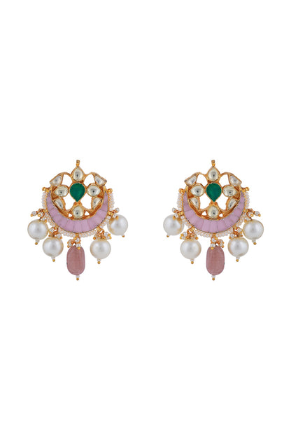 Matt Gold Plated Jadtar Stone & Pearl Stud Earrings