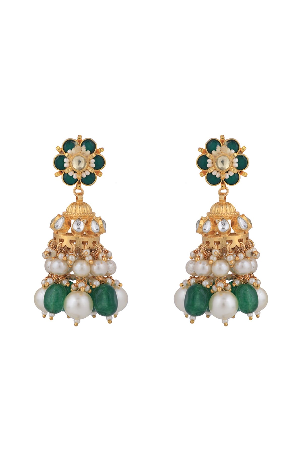 Matt Gold Plated Jadtar Stone & Pearl Jhumka Earrings
