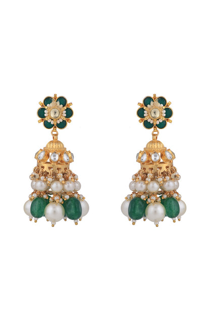 Matt Gold Plated Jadtar Stone & Pearl Jhumka Earrings