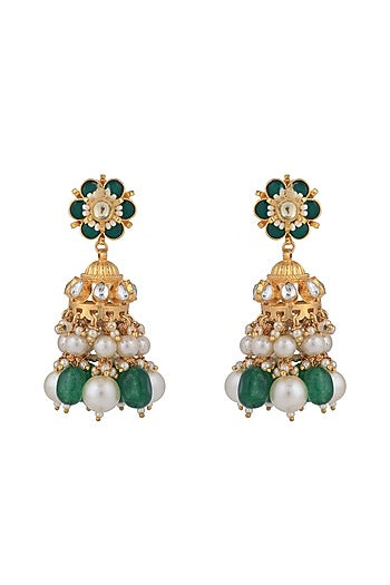 Matt Gold Plated Jadtar Stone & Pearl Jhumka Earrings