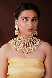 Gold Plated Jadtar Stone & Glass Beaded Necklace Set