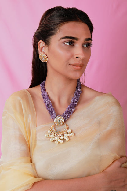 Gold Plated Jadau Stone & Amethyst Beaded Necklace Set