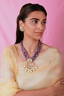 Gold Plated Jadau Stone & Amethyst Beaded Necklace Set
