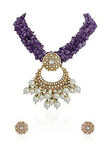 Gold Plated Jadau Stone & Amethyst Beaded Necklace Set