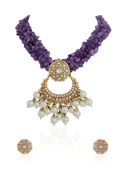 Gold Plated Jadau Stone & Amethyst Beaded Necklace Set