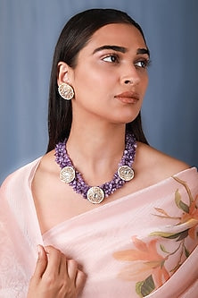 Gold Plated Purple Jadtar Stone & Amethyst Beaded Choker Necklace Set