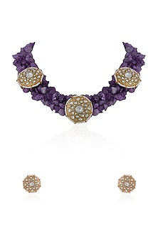 Gold Plated Purple Jadtar Stone & Amethyst Beaded Choker Necklace Set