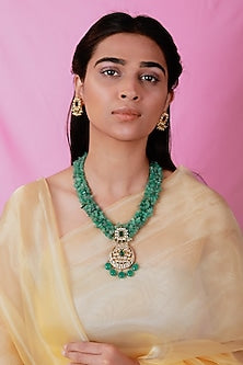 Gold Plated Semi-Precious Stone & Emerald Green Beaded Pendant Necklace Set