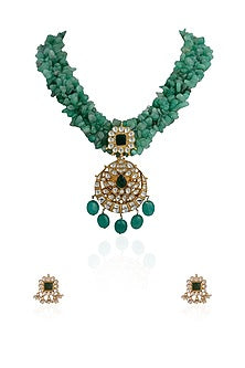Gold Plated Semi-Precious Stone & Emerald Green Beaded Pendant Necklace Set