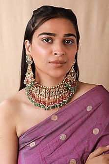 Gold Plated Jadtar Stone & Glass Beaded Necklace Set