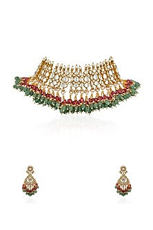 Gold Plated Jadtar Stone & Glass Beaded Necklace Set