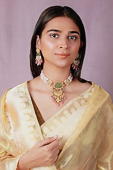 Gold Plated Jadtar Stone & Glass Beaded Choker Necklace Set