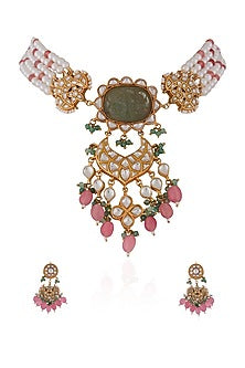 Gold Plated Jadtar Stone & Glass Beaded Choker Necklace Set