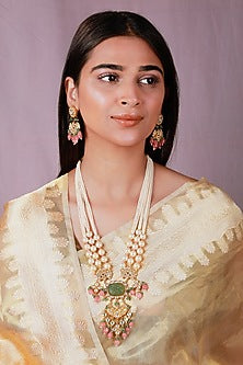 Gold Plated Mint Green Jadtar Beaded Rajwadi Necklace Set