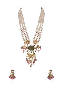 Gold Plated Mint Green Jadtar Beaded Rajwadi Necklace Set