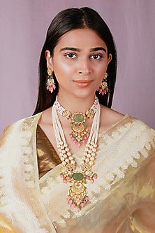 Gold Plated Pearl & Beaded Long Necklace Set