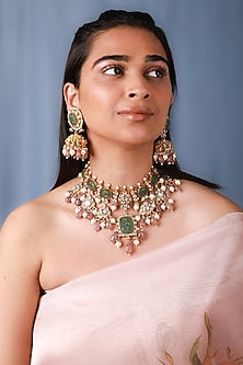Gold Plated Mehendi Green Carved Stone & Beaded Necklace Set