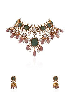 Gold Plated Mehendi Green Carved Stone & Beaded Necklace Set