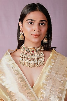 Gold Plated Pearl & Beaded Rajwadi Peacock Choker Necklace Set