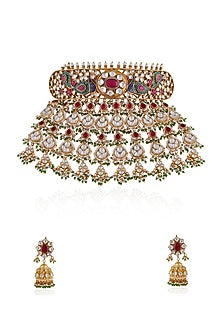 Gold Plated Pearl & Beaded Rajwadi Peacock Choker Necklace Set