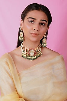 Gold Plated Pearl & Beaded Peacock Choker Necklace Set