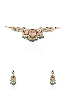 Gold Plated Pearl & Beaded Peacock Choker Necklace Set