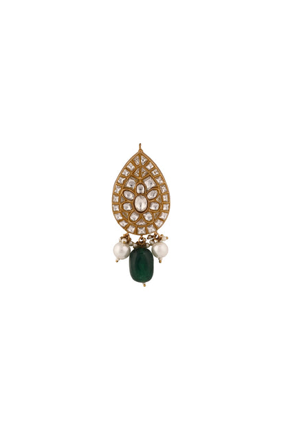 Matte Gold Plated Jadtar Stone & Green Bead Brooch