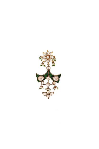Matte Gold Plated Green Jadtar Stone & Pearl Brooch