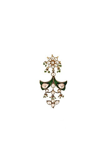 Matte Gold Plated Green Jadtar Stone & Pearl Brooch