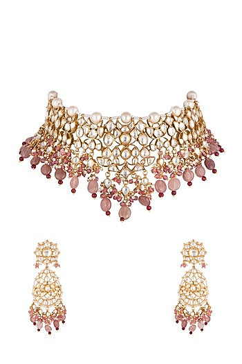 Gold Plated Pink Beads Necklace Set
