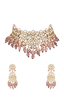 Gold Plated Pink Beads Necklace Set